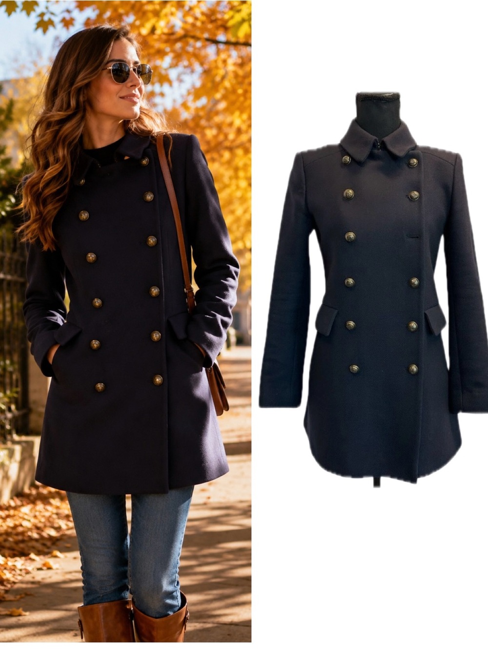 Zara Navy Double Breasted Military Coat Jacket Brass Buttons Size XS